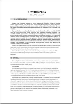 1999. Urtea. 1/99 Irizpena Turismo ibilgailuetako bidaiarien hiri eta hiriarteko garraioaren Lege proiektuari buruzkoa (pdf).