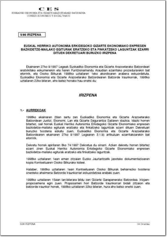 1998. Urtea. 5/98 Irizpena enpresen bazkidetze-mailako egiturak eratzeko laguntzei buruzkoa (pdf).