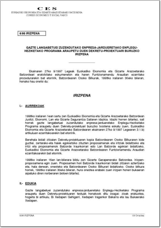 1998. Urtea. 6/98 Irizpena enplegu-heziketako programari buruzkoa (pdf).