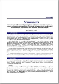 Dictamen 3/01 sobre el Proyecto de Decreto por el que se regulan las ayudas para el desarrollo de proyectos que, mediante estrategias formativas que utilicen la metodología del cheque-inserci